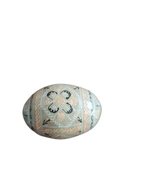Hand-Painted Decorative Wooden Egg in Pale Blue and Peach Ukrainian Pysanky